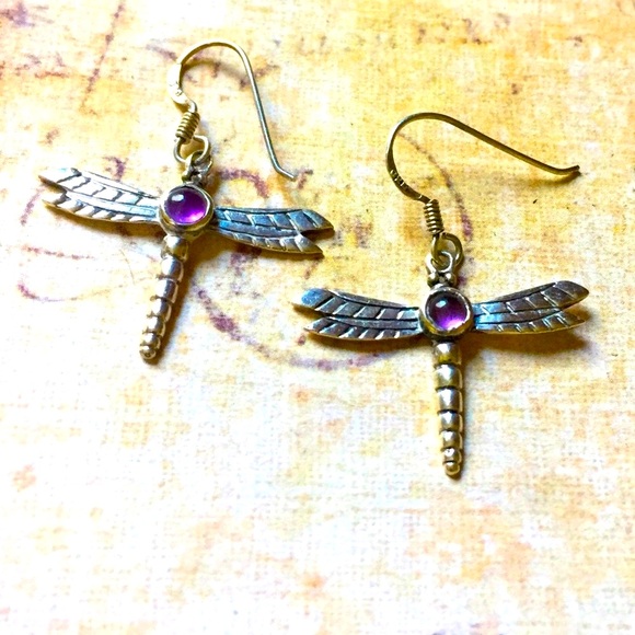 Sterling silver amethyst dragonfly earrings - Picture 1 of 3